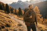 Man hiking in the mountains during golden hour, symbolizing readiness for golden hour first aid.