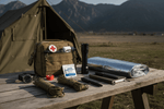 Budget Prepping essentials displayed on a table, including a first aid kit, flashlight, and survival gear.