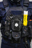 first aid trauma kit organization displayed on a tactical vest for emergency preparedness.
