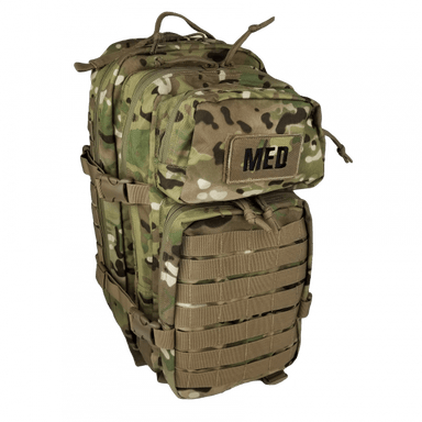 Front view of closed EFA Tactical Trauma Kit in a compact multicam MOLLE pouch with cross patch identifier. Designed for quick access in tactical, emergency, or survival situations. Color multicam / camoflauge