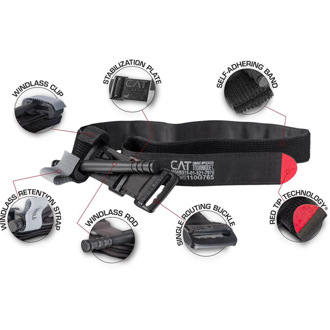 Combat Application Tourniquet GEN 7 with windlass, stabilization plate, and self-adhering band features labeled for easy reference.