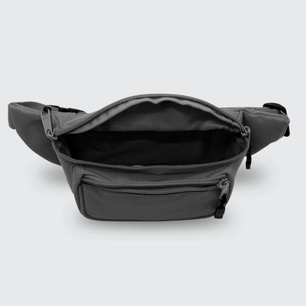 Open first aid fanny pack showcasing spacious compartments for emergency supplies.