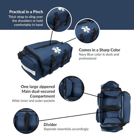 First Responder trauma care medical bag with navy blue design, multiple compartments, and sturdy straps for easy carrying.