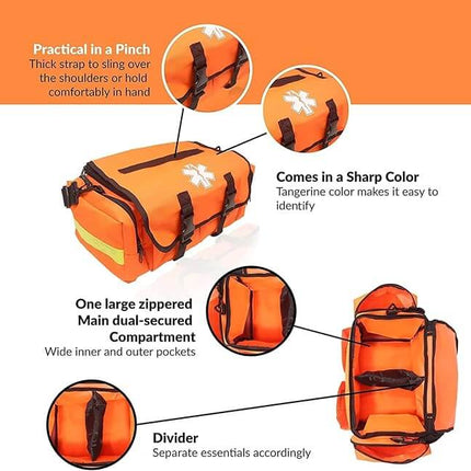 First Responder trauma care medical bag in bright orange, featuring a large compartment and practical straps for easy carrying.