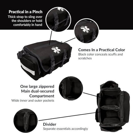 First Responder trauma care medical bag with practical color, large compartment, and divided sections for emergency supplies.