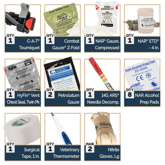 K-9 Handler IFAK components including tourniquet, gauze, chest seal, and gloves.