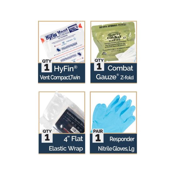 Everyday Carry EDC Wallet Kit contents including HyFin Vent, Combat Gauze, Elastic Wrap, and Nitrile Gloves.