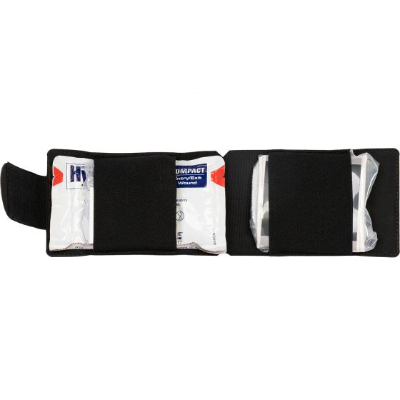 Everyday Carry (EDC) Wallet Kit showing compact trauma supplies and durable black nylon construction.