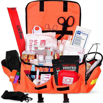 First Responder trauma care medical bag fully stocked with essential supplies for emergency situations.