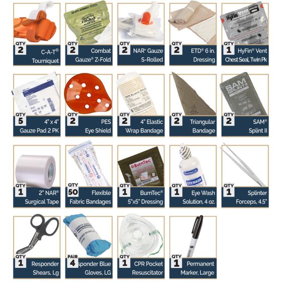 Range Trauma Aid Kit - Hard Case contents including tourniquets, dressings, bandages, and essential medical supplies.