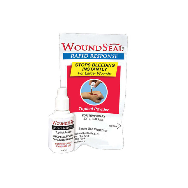WoundSeal Rapid Response powder and spray, designed to rapidly stop bleeding for larger wounds.