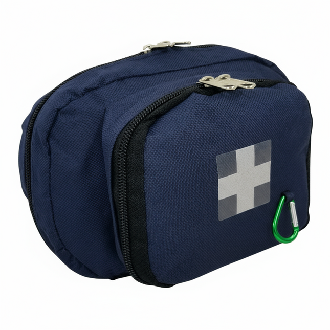 Navy blue pouch with a logo on a white background