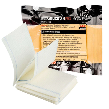 ChitoGauze® XR PRO hemostatic Z-Fold gauze packaging with folded gauze for wound care and bleeding control.