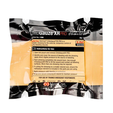 ChitoGauze® XR PRO packaging, 7.5 cm x 3.7 m, hemostatic Z-Fold gauze for fast bleeding control and antimicrobial defense.
