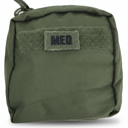 Compact green first aid pouch labeled 'MED' designed for individual trauma kits.