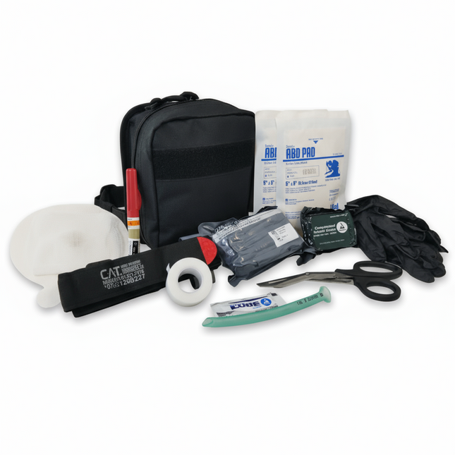 Enhanced Individual First Aid Kit (IFAK) with tourniquet, chest seals, and medical supplies for emergency response.