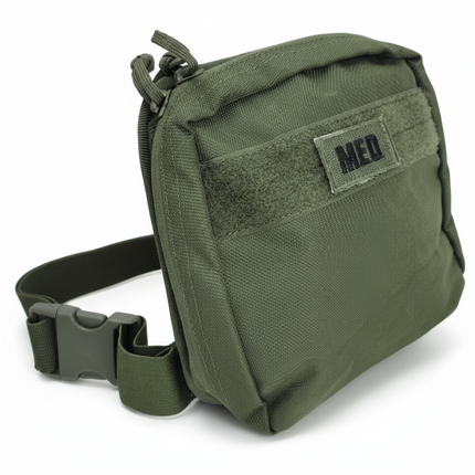 Compact green first aid kit pouch with a strap, labeled 'MED', designed for emergency medical supplies.