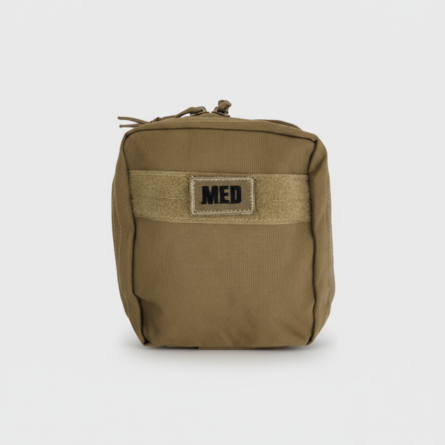 Compact tactical first aid kit in tan with a 'MED' patch, designed for quick access to medical supplies.