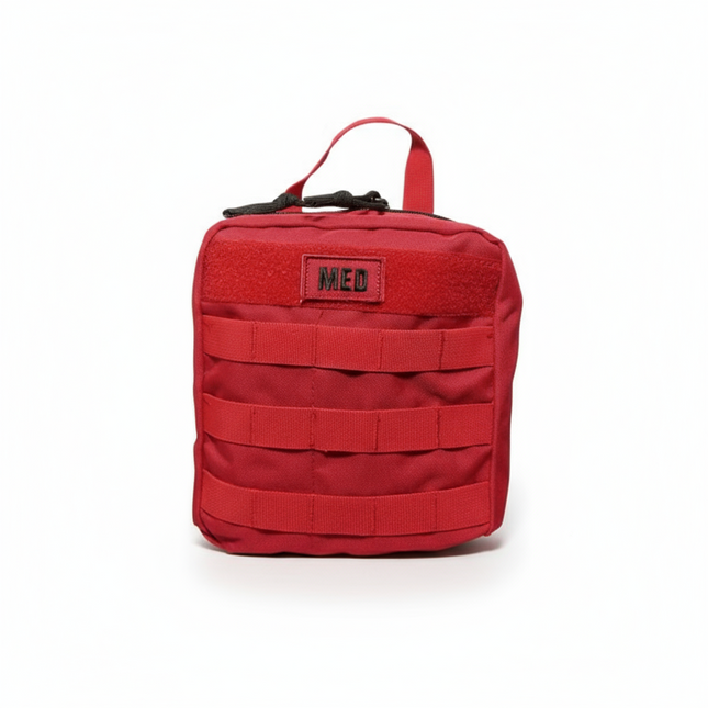 Red medical pouch with MOLLE straps and 'MED' patch for secure first aid kit storage.