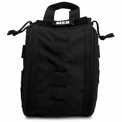 Compact black tactical medical pouch for first aid supplies with zipper and handle.