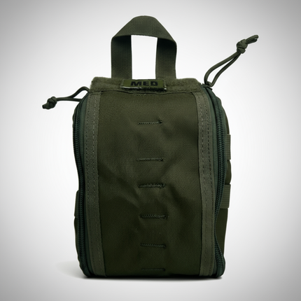 Green tactical pouch for medical supplies, featuring easy-access design and durable fabric construction.