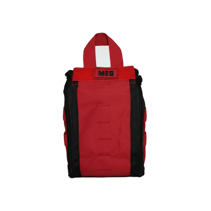Red tactical medical bag with black zippers and handle, designed for emergency trauma kits.