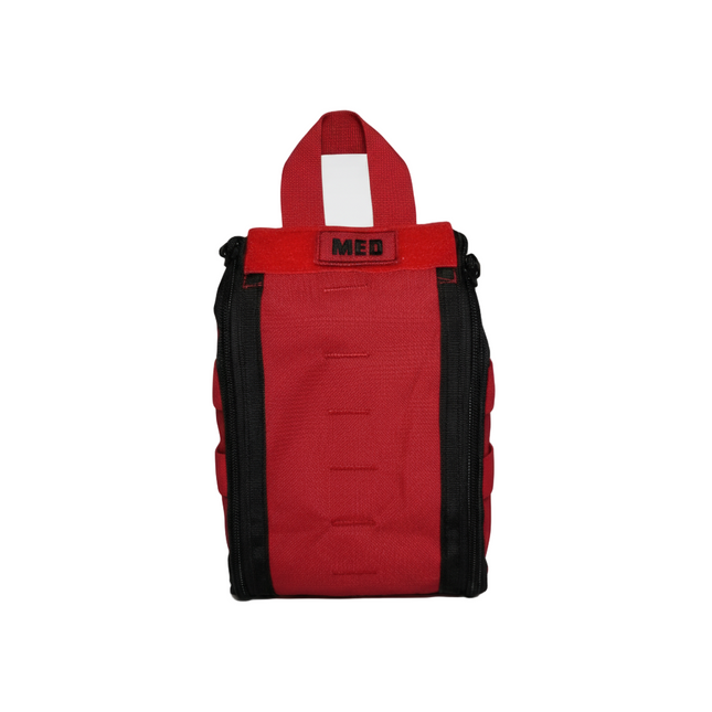 Red tactical medical bag with black zippers and handle, designed for emergency trauma kits.