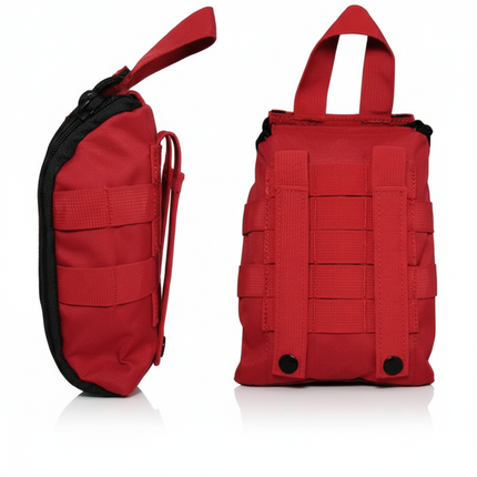 Red tactical first aid kit with MOLLE webbing and grab handle for easy access and attachment.