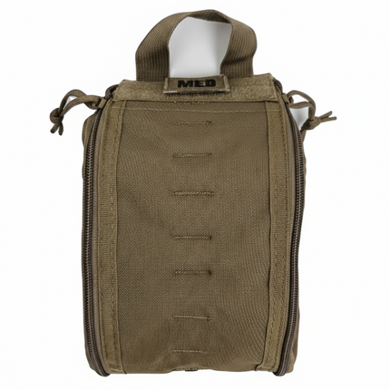 Tactical medical pouch in tan color with zipper and loop for attachment, designed for emergency preparedness.