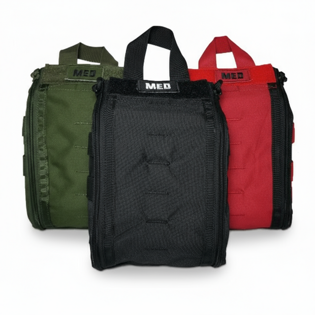 Three tactical medical pouches in green, black, and red, designed for emergency first aid kits.