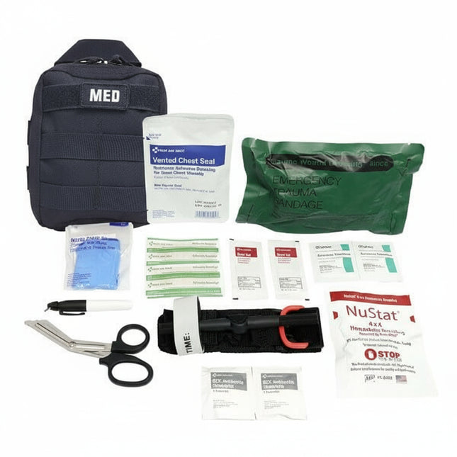Recon IFAK Advanced trauma kit with essential medical supplies, including hemostatic gauze and a vented chest seal.