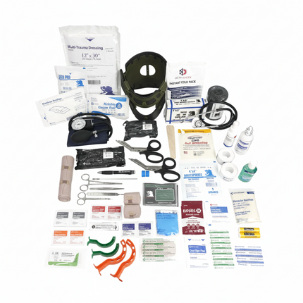 STOMP Medical Backpack contents including trauma supplies, bandages, and medical tools for emergency response.