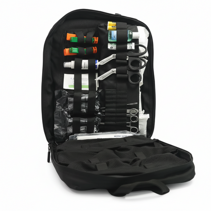 Inside view of the STOMP Medical Backpack, showcasing organized medical supplies and tools for emergency response.