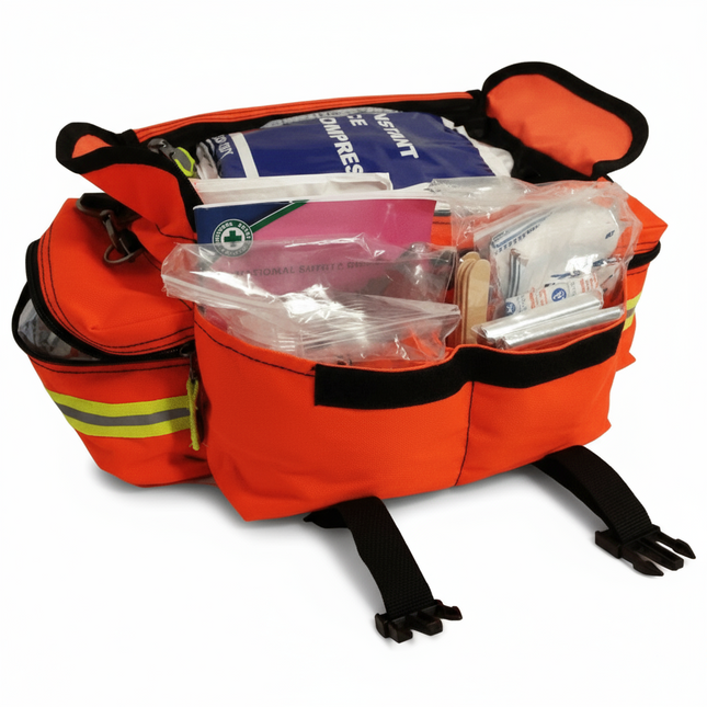 Master EMS First Aid Kit showing organized compartments and emergency supplies in an orange bag.