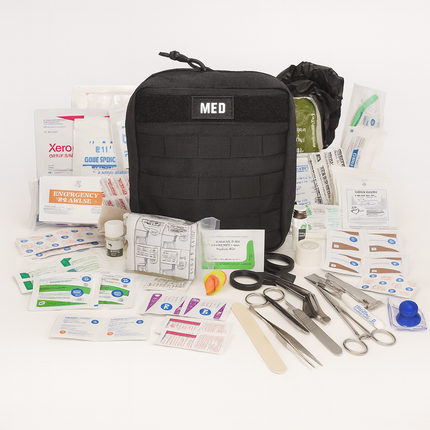 Black medical kit with various supplies on a white background
