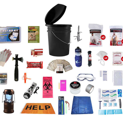 Hurricane emergency kit in a 5-gallon bucket with essential survival supplies and tools for severe storms.