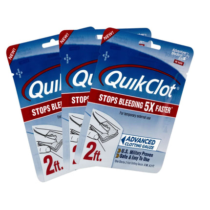 QuikClot Gauze packs - 3 units of 2 ft each, fast bleeding control, U.S. Military tested, safe and easy to use.