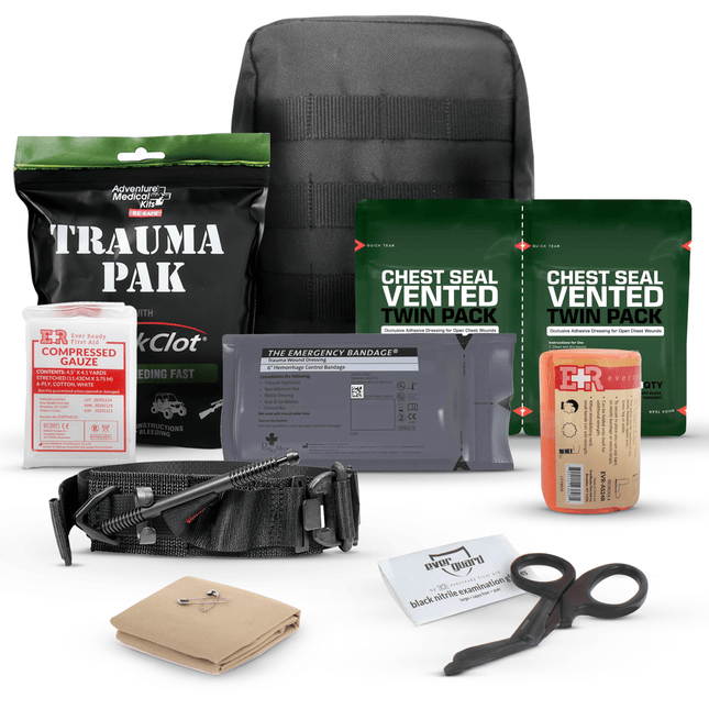 Premium IFAK Trauma Kit with advanced medical supplies including a tourniquet, gauze, and seals for emergency situations.