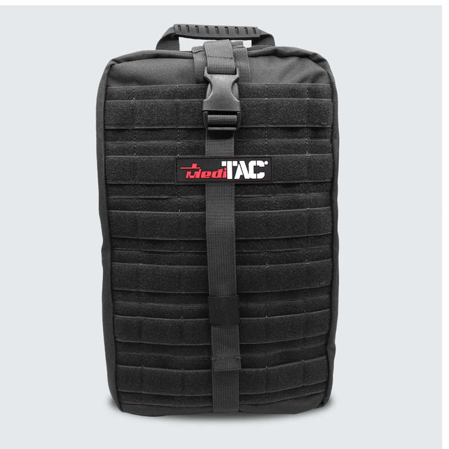 Black MOLLE-compatible pouch of the Rip-Away Tactical Trauma Kit featuring a secure strap and sturdy design.