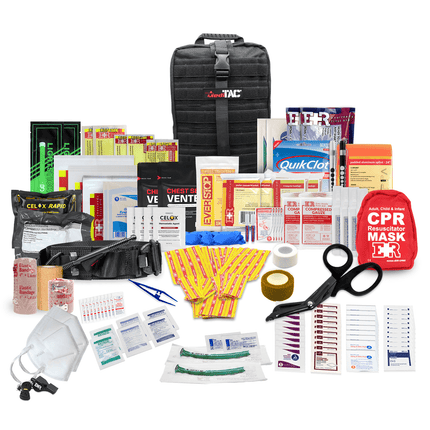 Fully stocked Tactical Trauma Kit with medical supplies for emergency response, including bandages and CPR mask.