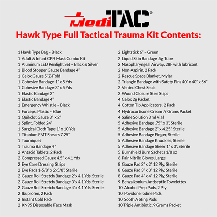 Hawk Type Full Tactical Trauma Kit contents list, featuring various first aid supplies and equipment.
