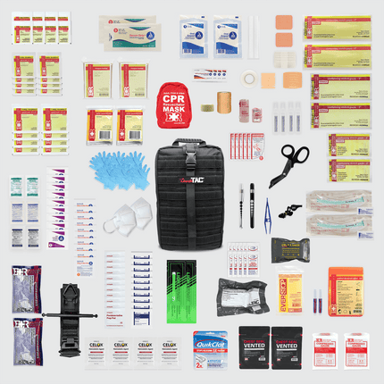 Rip-Away Tactical Trauma Kit contents including first aid supplies in a MOLLE pouch, ideal for emergency responses.