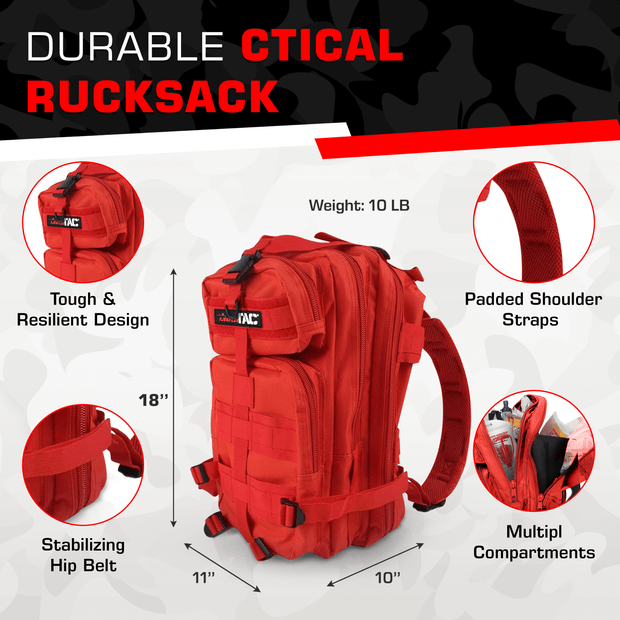 Durable Tactical Trauma Backpack with padded straps, stabilizing hip belt, and multiple compartments for emergency care.