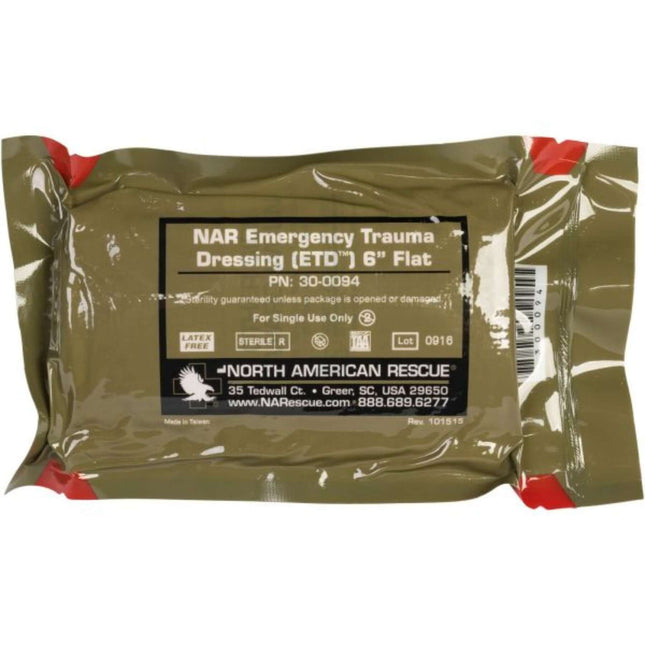 NAR Emergency Trauma Dressing (ETD) 6-inch flat pack for effective wound treatment, sterile and ready for use.
