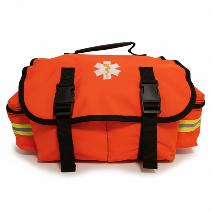 Orange emergency bag with black straps and a medical symbol on a white background
