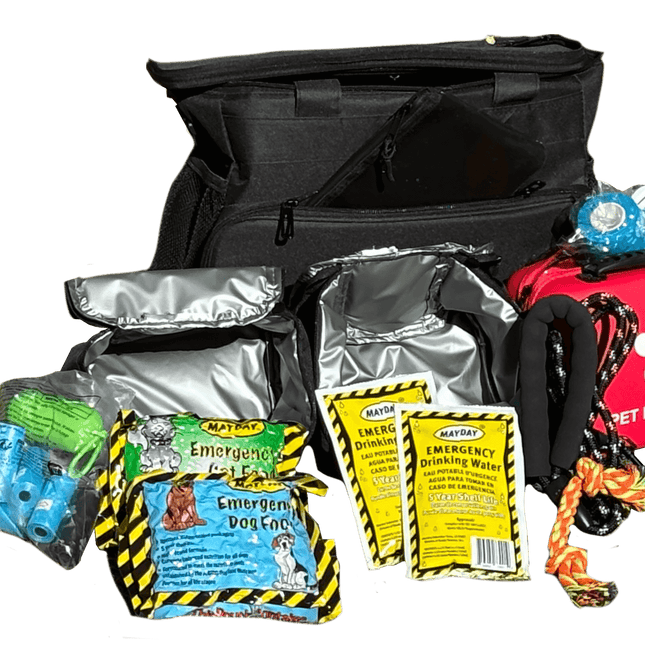 The Safe Pet Kit with essential emergency supplies for dogs and cats, including food, water, and a first aid kit.