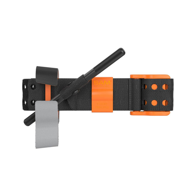 SAM XT Extremity Windlass Tourniquet with TRUFORCE buckle and adjustable straps in black and orange.