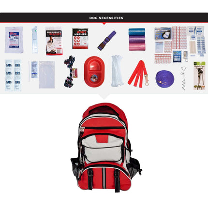 Dog survival kit features a red backpack filled with emergency supplies for canine preparedness.