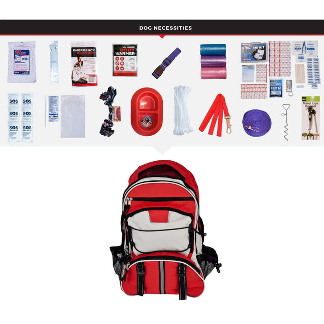 Dog survival kit features a red backpack filled with emergency supplies for canine preparedness.