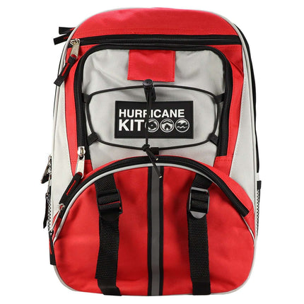 Hurricane Emergency Kit Backpack in red and gray for 24-hour survival, featuring organized compartments and durability.